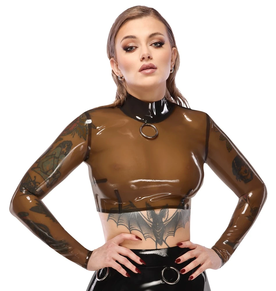 LateX Shirt, Rauchfarben-transparentes Latex-Shirt mit Metallring & Reißverschluss bauchfrei & aufregend glänzend!