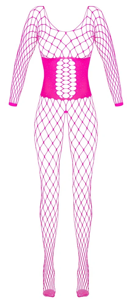 Pinkfarbener Langarm-Catsuit bodystocking ouvert von Cottelli Collection mit glitzernder Mieder-Optik, nahtlos und sexy