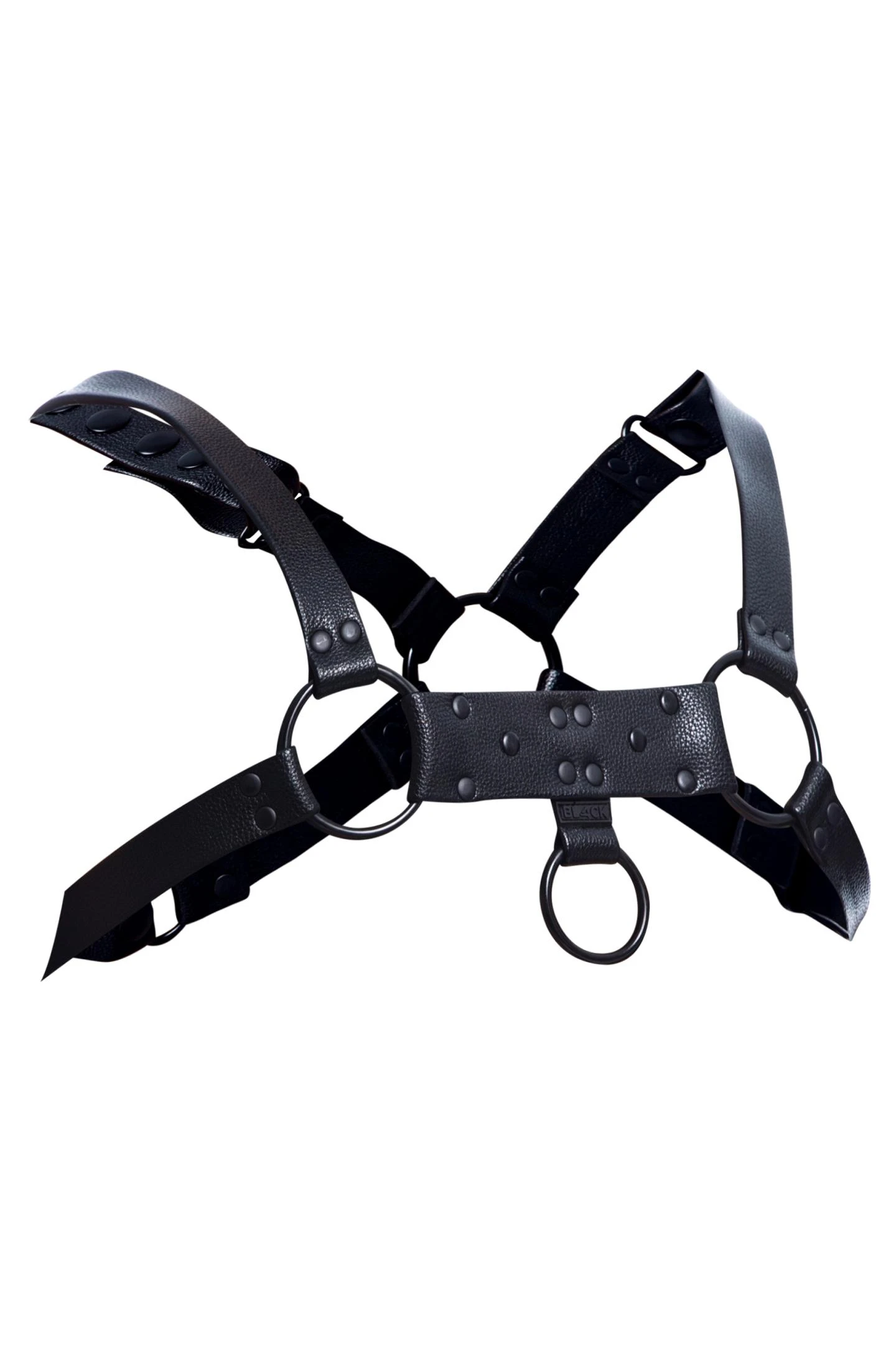 Schwarzer Brust-Harness 01, Cut4Men Brust-Harness aus Kunstleder mit markanten Metallringen und verstellbaren Schnallen für perfekten Sitz