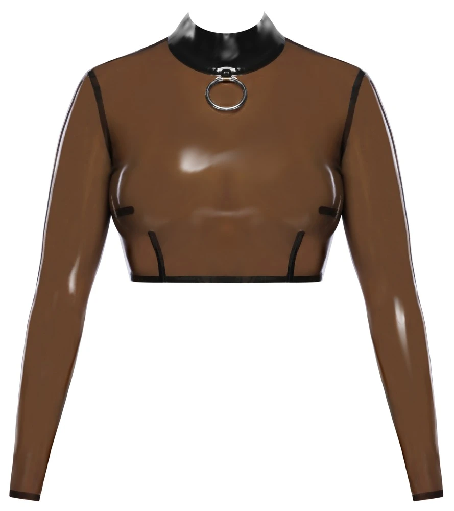 LateX Shirt, Rauchfarben-transparentes Latex-Shirt mit Metallring & Reißverschluss bauchfrei & aufregend glänzend!