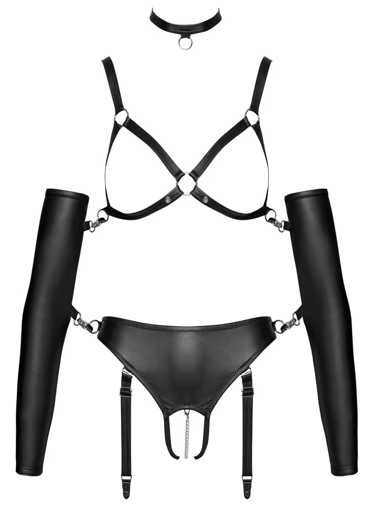 Bad Kitty Ouvert-Set: Riemen-BH, Straps-Slip & Fessel-Armstulpen im Mattlook weich, elastisch & aufregend!