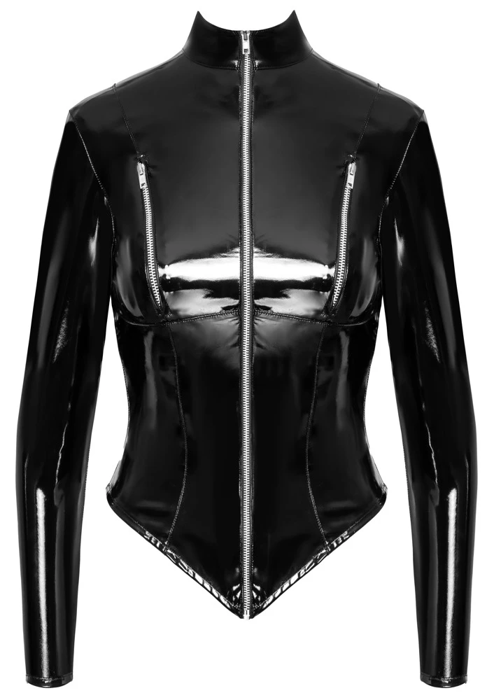 Lack Jacke Zips, Schwarze Kinky Lackjacke von Black Level: Taillierter Schnitt & Metall-Reißverschlüsse für einen einzigartigen Look